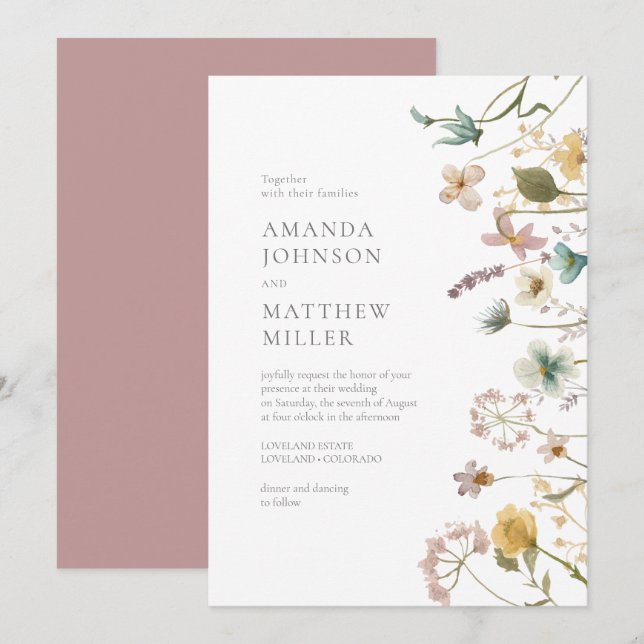 Convites Mauve Chic Primavera Delicadas Flores Prensadas Ca (Frente/Verso)