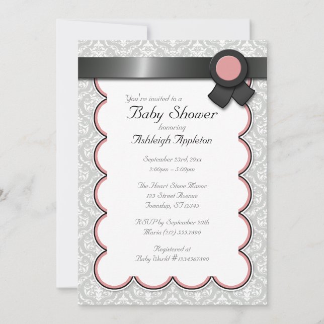 Convites Mauve & Cinza Damask Baby Shower Invants (Frente)