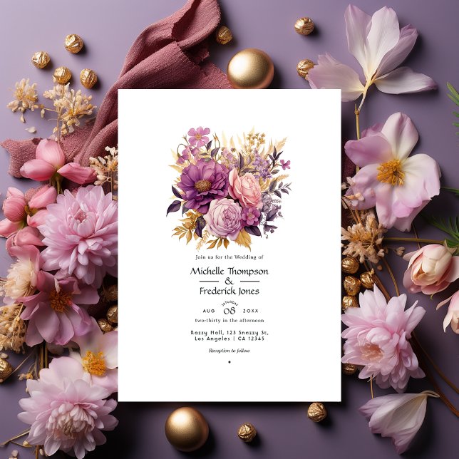 Convites Mauve e Dourado Casamento Floral (Criador carregado)
