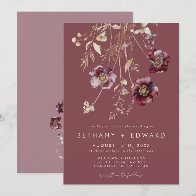 Convites Mauve Fall Floral Wedding (Frente/Verso)