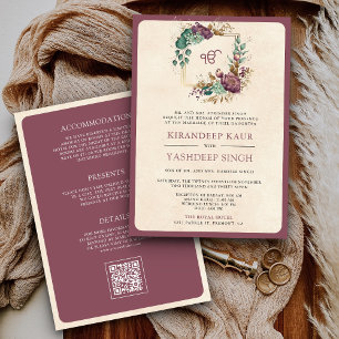 Convites Mauve Floral Código QR Anand Karaj Sikh Casamento