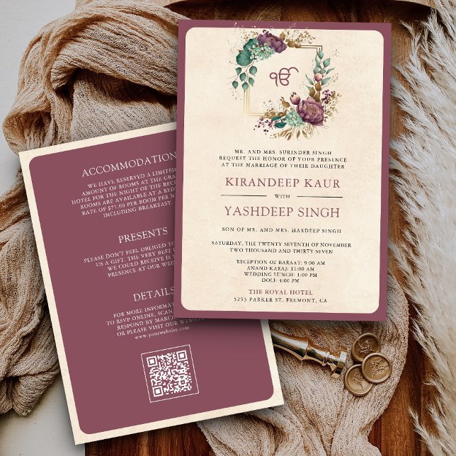 Convites Mauve Floral Código QR Anand Karaj Sikh Casamento (Criador carregado)