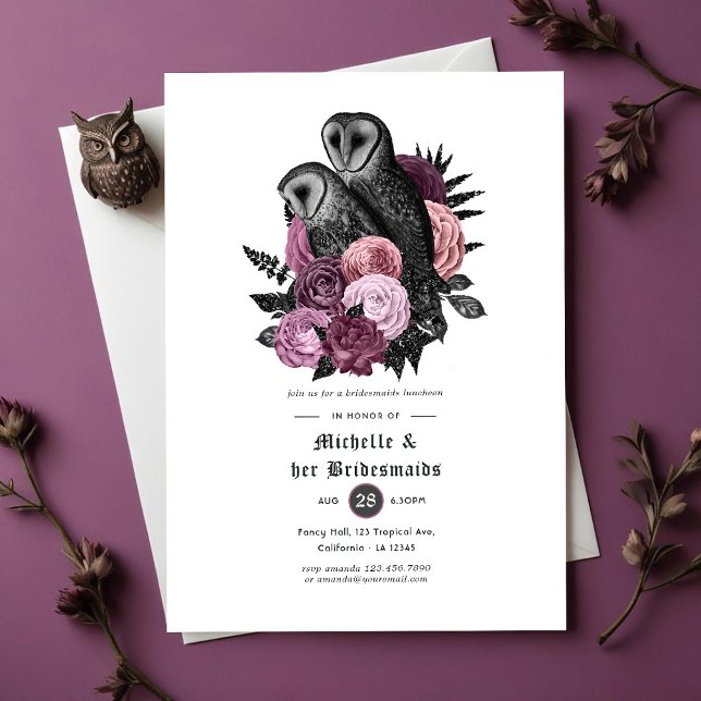 Convites Mauve Floral Ows Gothic Bridesmaids Luncheon (Mauve Floral Owls Gothic Bridesmaids Luncheon Invitation)