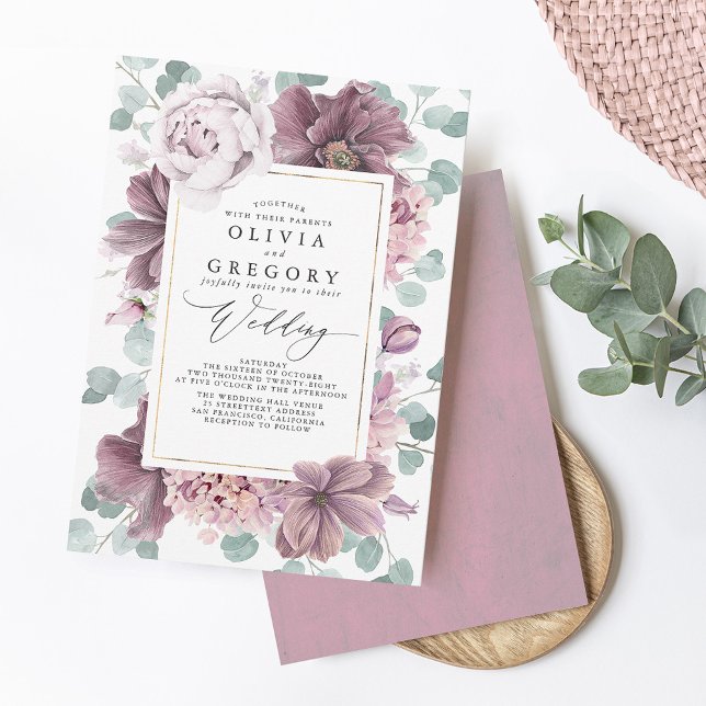 Convites Mauve Flowers e Greenery Elegant Na moda Wedding (Criador carregado)