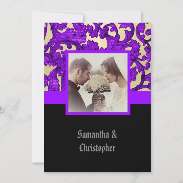 Convites Mauve Gothic damask wedding photo invitation (Verso)