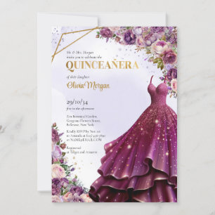 Convites Mauve moderno e vestido floral de ouro