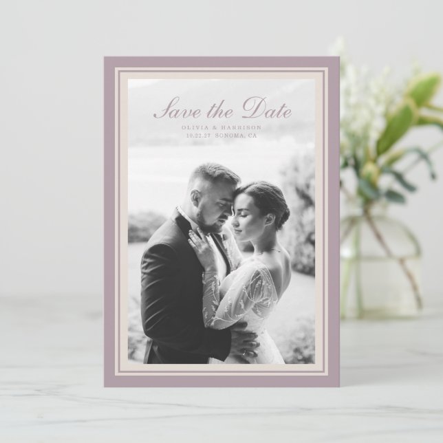 Convites Mauve Photo Wedding Save the Date Card (Em pé/Frente)