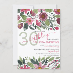 Convites Mauve Pink Forest Watercolor Floral Leaf Birthday