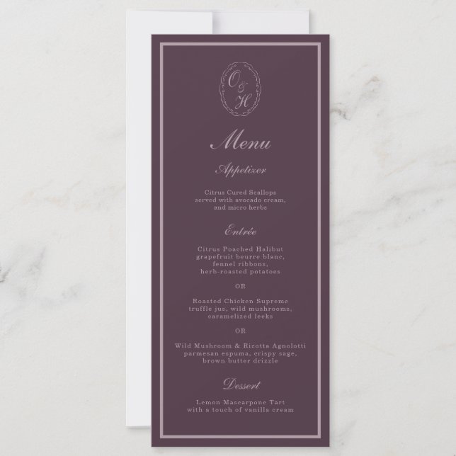 Convites Mauve Plum Monogram Wedding Long Menu (Frente)