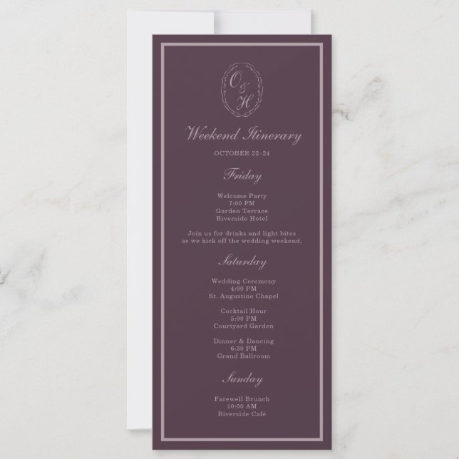 Convites Mauve Plum Monogram Wedding Weekend Itinerary (Frente)