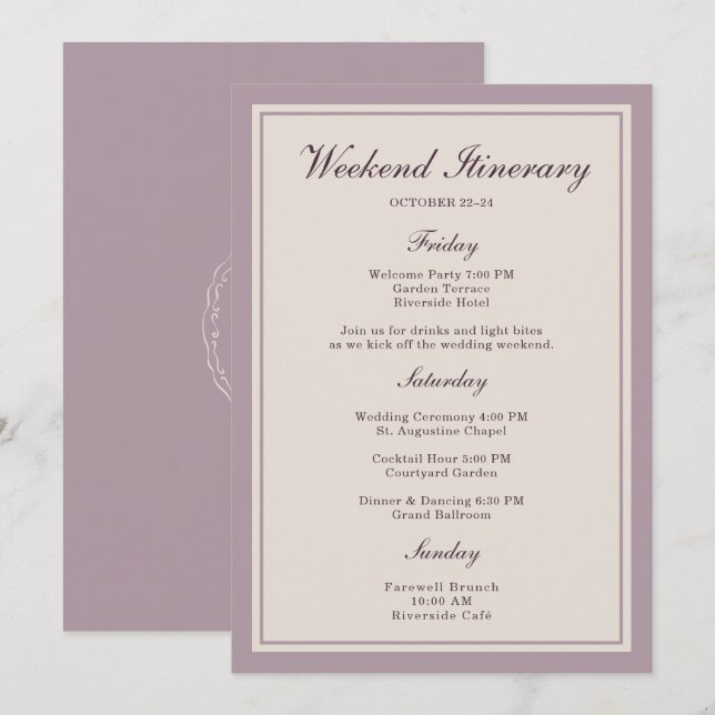 Convites Mauve Plum Wedding Weekend Itinerary Card (Frente/Verso)