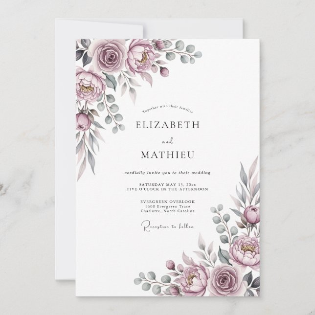 Convites Mauve Romantic Floral Wedding (Frente)