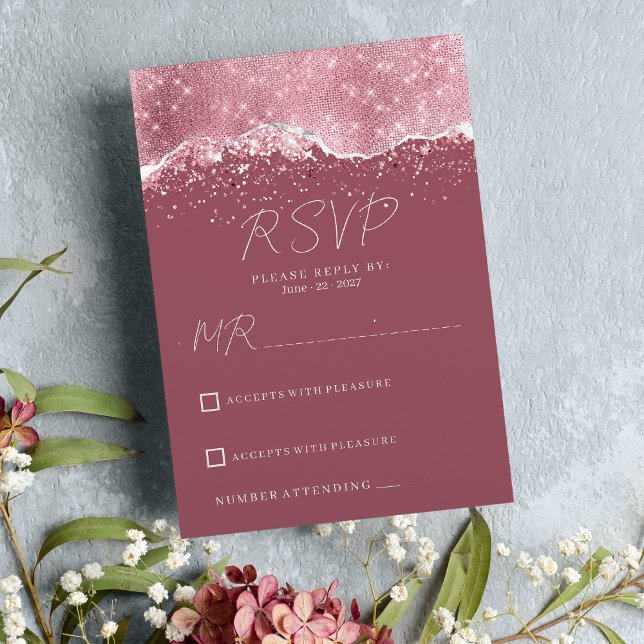 Convites Mauve rosa rosa-rosa-rosa-relva-prata RSVP (Mauve pink rose gold silver glitter RSVP )