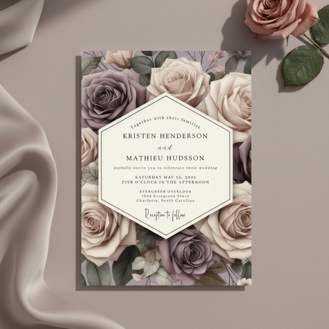 Convites Mauve Rose Blossom Romance Wedding (Criador carregado)