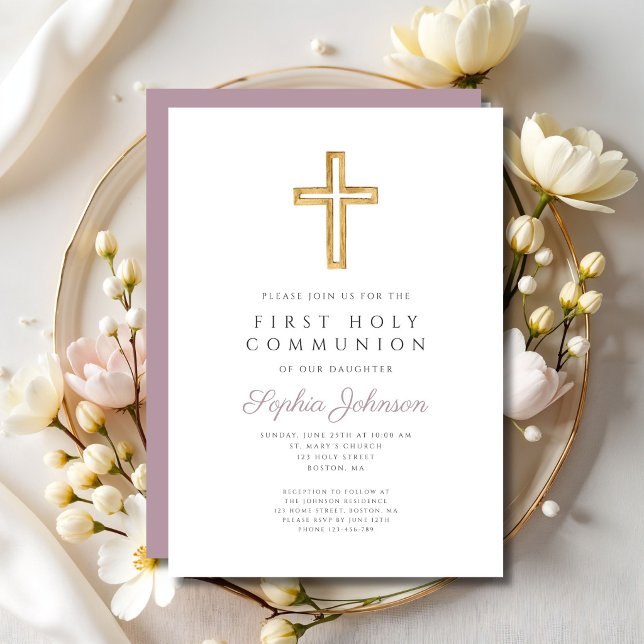 Convites Mauve Script Religious Cross Boy First Communion (Mauve Script Religious Cross Boy First Communion Invitation)
