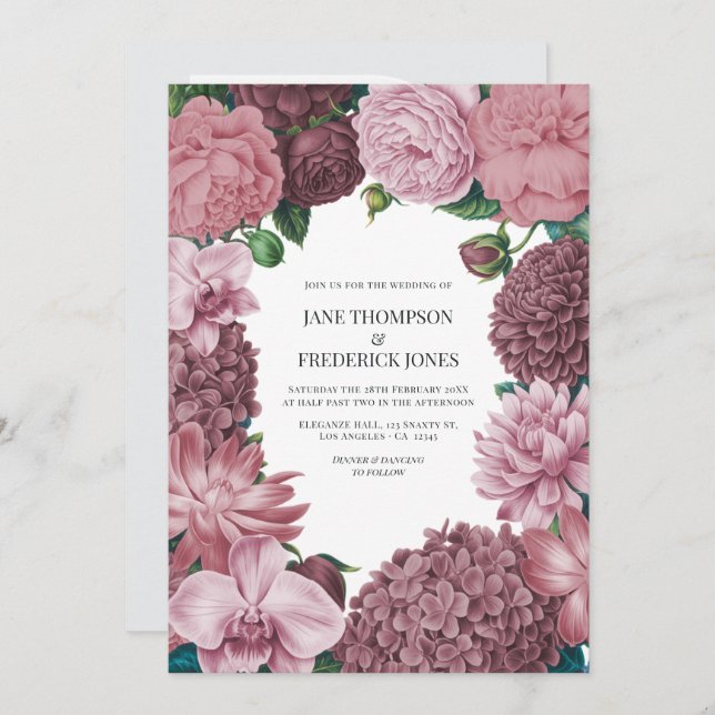 Convites Mauve Smoke, Dusty Peony & Rosewater Clay Wedding (Frente/Verso)