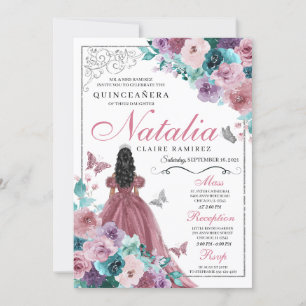 Convites Mauve & Teal Ocean Sunset Princess Quinceanera