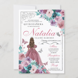Convites Mauve & Teal Ocean Sunset Princess Quinceanera