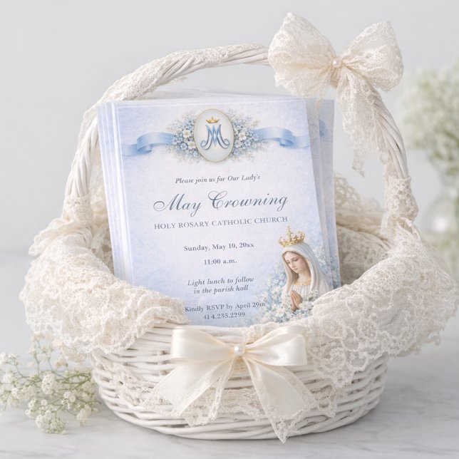 Convites May Crowning Blessed Mary Blue Floral (Criador carregado)