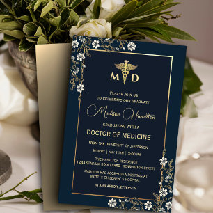 Convites MD Médico Marinho Azul e Dourado Floral