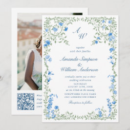 Convites Meadow Blue French Rosas Wedding Código QR Foto