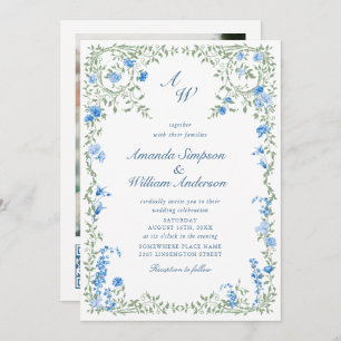 Convites Meadow Blue French Rosas Wedding Código QR Foto