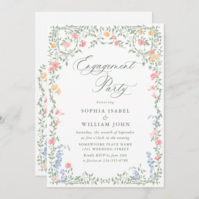 Convites Meadow Pastel French Rosas Floral FESTA DE NOIVADO (Frente/Verso)