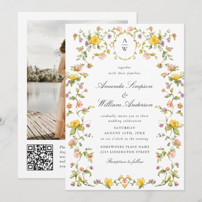 Convites Meadow Pastel Rosas Floral Wedding Código QR Foto (Frente/Verso)