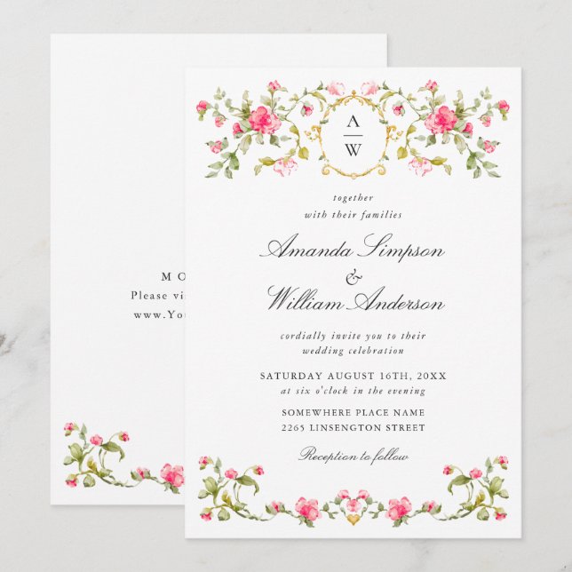 Convites Meadow Pastel Rosas Franceses Casamento Floral (Frente/Verso)