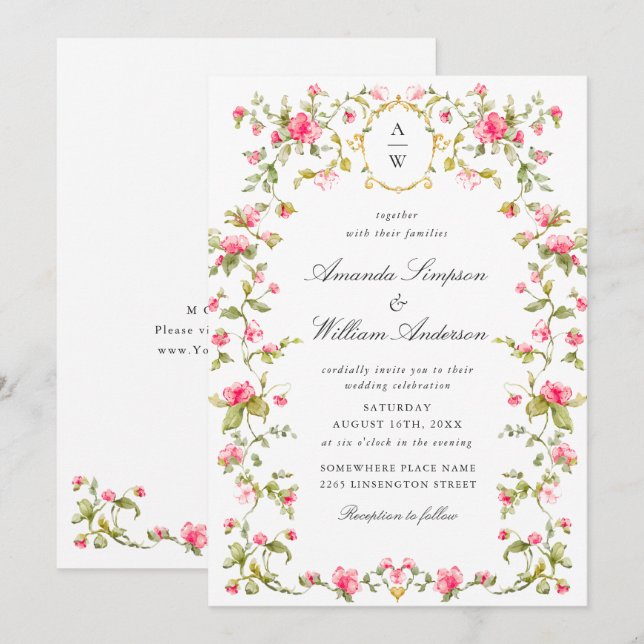Convites Meadow Pastel Rosas Franceses Casamento Floral (Frente/Verso)