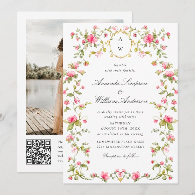 Convites Meadow Pastel Rosas Franceses Casamento Floral (Frente/Verso)