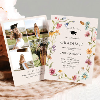 Convites Meadow Wildflower Boho 4 Photo Graduation Party