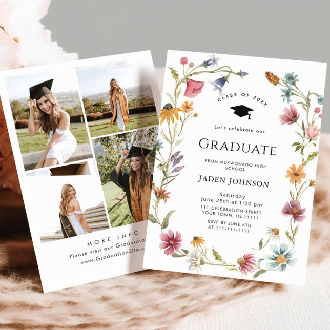 Convites Meadow Wildflower Boho 4 Photo Graduation Party (Criador carregado)