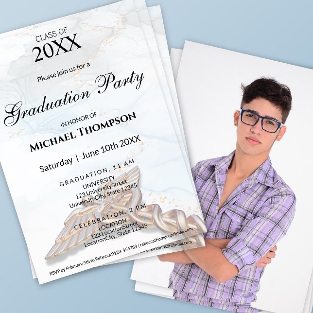 Convites Medical Caduceus Copper Rose Gold Graduation Photo (Criador carregado)