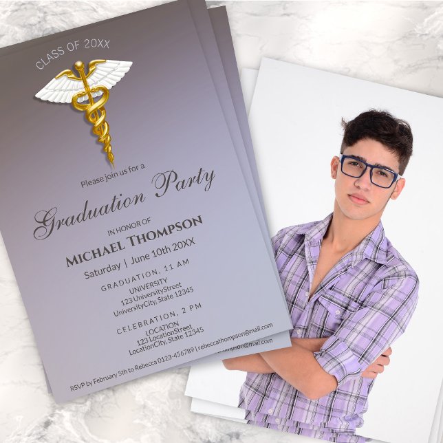 Convites Medical Gold Caduceus Graduation Party | Photo (Criador carregado)