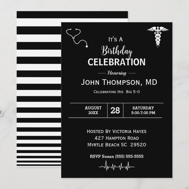 Convites Médico Elegante Festa de aniversário Preto e Branc (Frente/Verso)