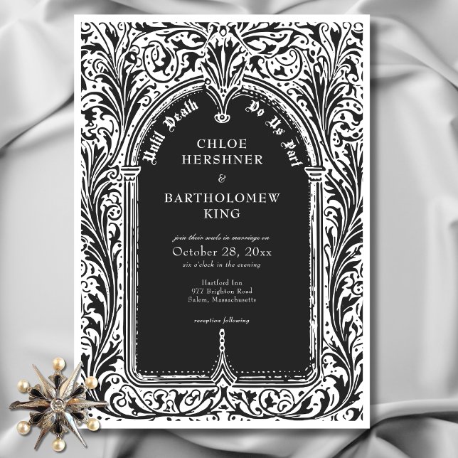 Convites Medieval Branca Negra Gótica Até Casamento da Mort (Gothic Black White Medieval Until Death Wedding Invitation)
