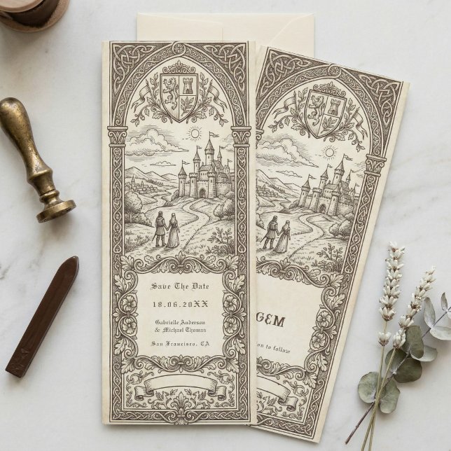 Convites Medieval Crest Wedding Bookmark Save The Date (Criador carregado)