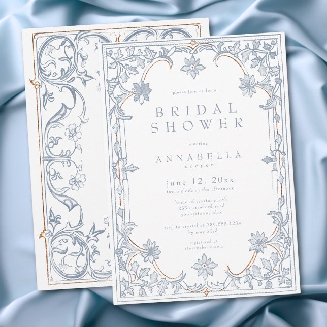 Convites Medieval Fantasia Quadro Azul Dourado Chuveiro de  (Medieval Fantasy Frame Blue Gold Bridal Shower Invitation)