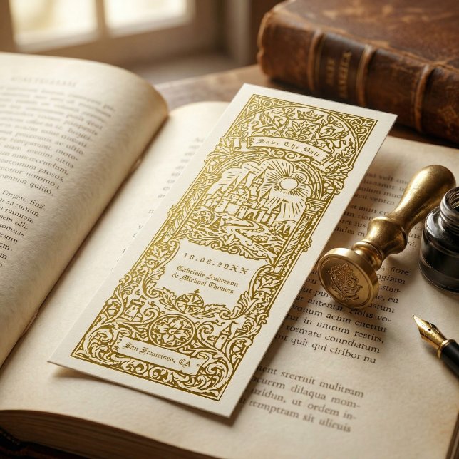 Convites Medieval Gold Wedding Bookmark Save The Date (Criador carregado)