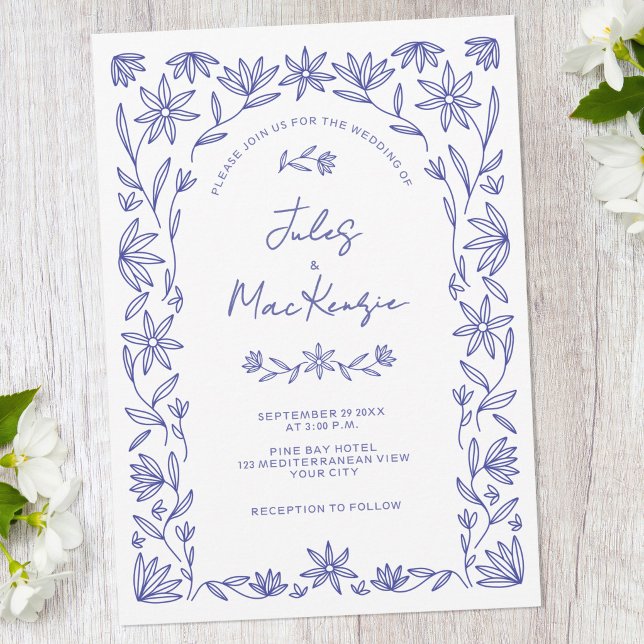 Convites Mediterranean Blue Wildflower QR Code Wedding (Mediterranean floral blue and white QR code wedding invitaiton)