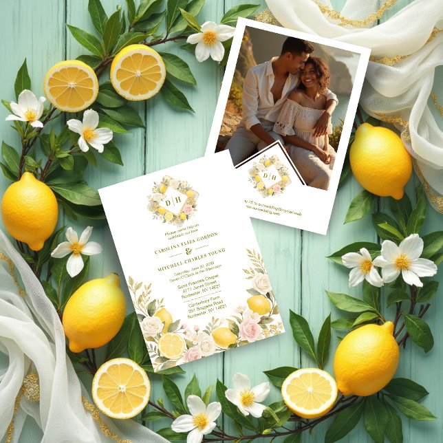 Convites Mediterranean Flowers and Lemons Wedding Photo (Mediterranean Flowers and Lemons Wedding Initials Invitations Cards with Back Photo.)
