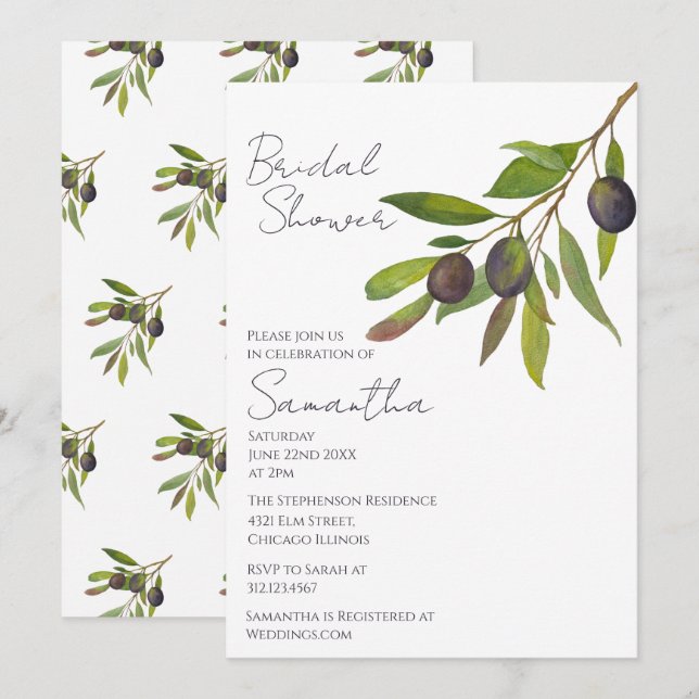 Convites Mediterranean Minimal Olive Branch Bridal Shower   (Frente/Verso)