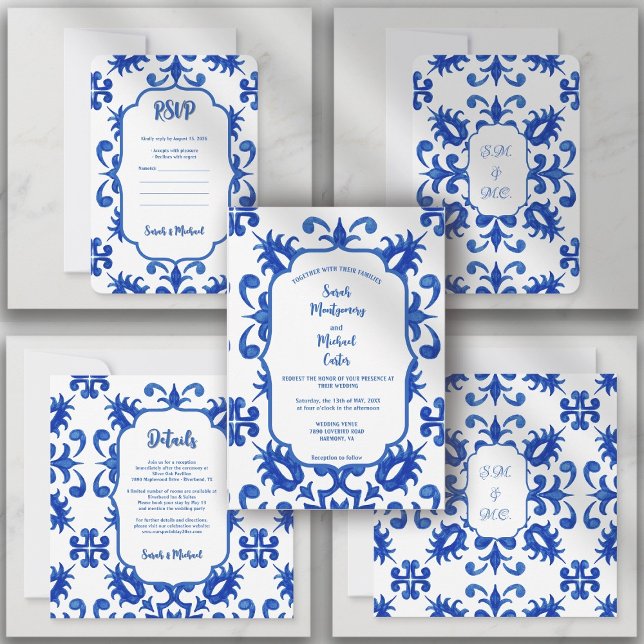 Convites Mediterranean Portuguese Blue Tile Custom (Criador carregado)