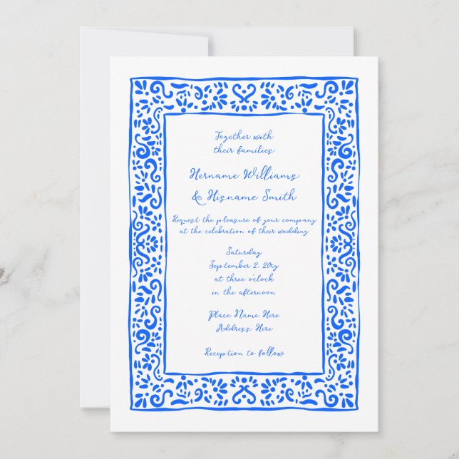 Convites Mediterranean RSVP QR Hand Drawn Blue Wedding (Frente)