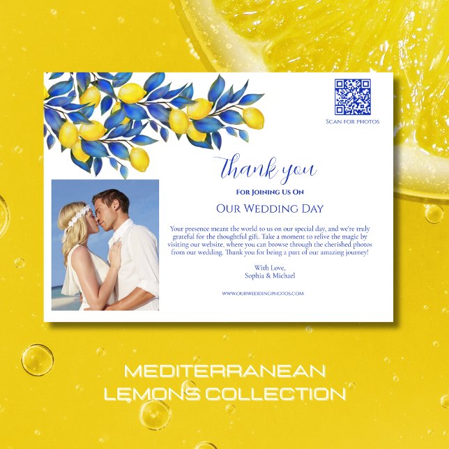 Convites Mediterrânica-Lemons-Casamento Foto-Obrigado- (Mediterranean Lemons-Wedding Collection-Thank you  Card-Citrus-Yellow and Blue)