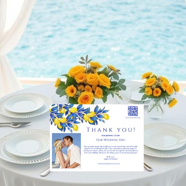 Convites Mediterrânica-Lemons-Casamento Foto-Obrigado- (Mediterranean Lemons Collection-Thank You-Amalfi Italy, Yellow and Blue, Citrus)