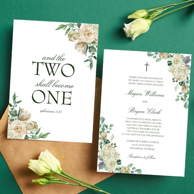 Convites Megan White Roses Greenery Casamento Cristão (Elegant Megan Christian Wedding Invitation with white watercolor flowers and botanical greenery)