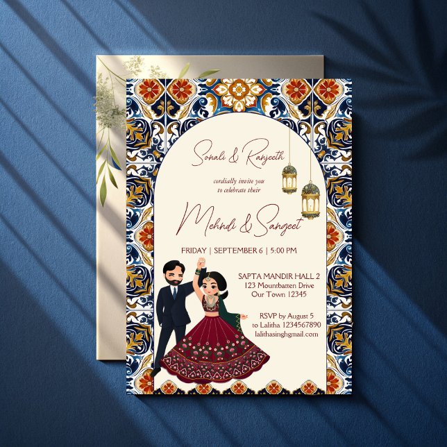 Convites Mehndi e sangeet casamento indiano (Mehndi and sangeet Indian wedding Invitation template instant download cute bridal couple cartoon)