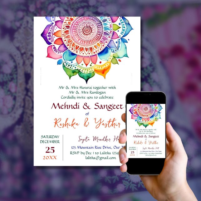 Convites Mehndi e Sangeet colorida mandala modelo (Mehndi and Sangeet colorful mandala editable template invitation digital download Indian wedding )